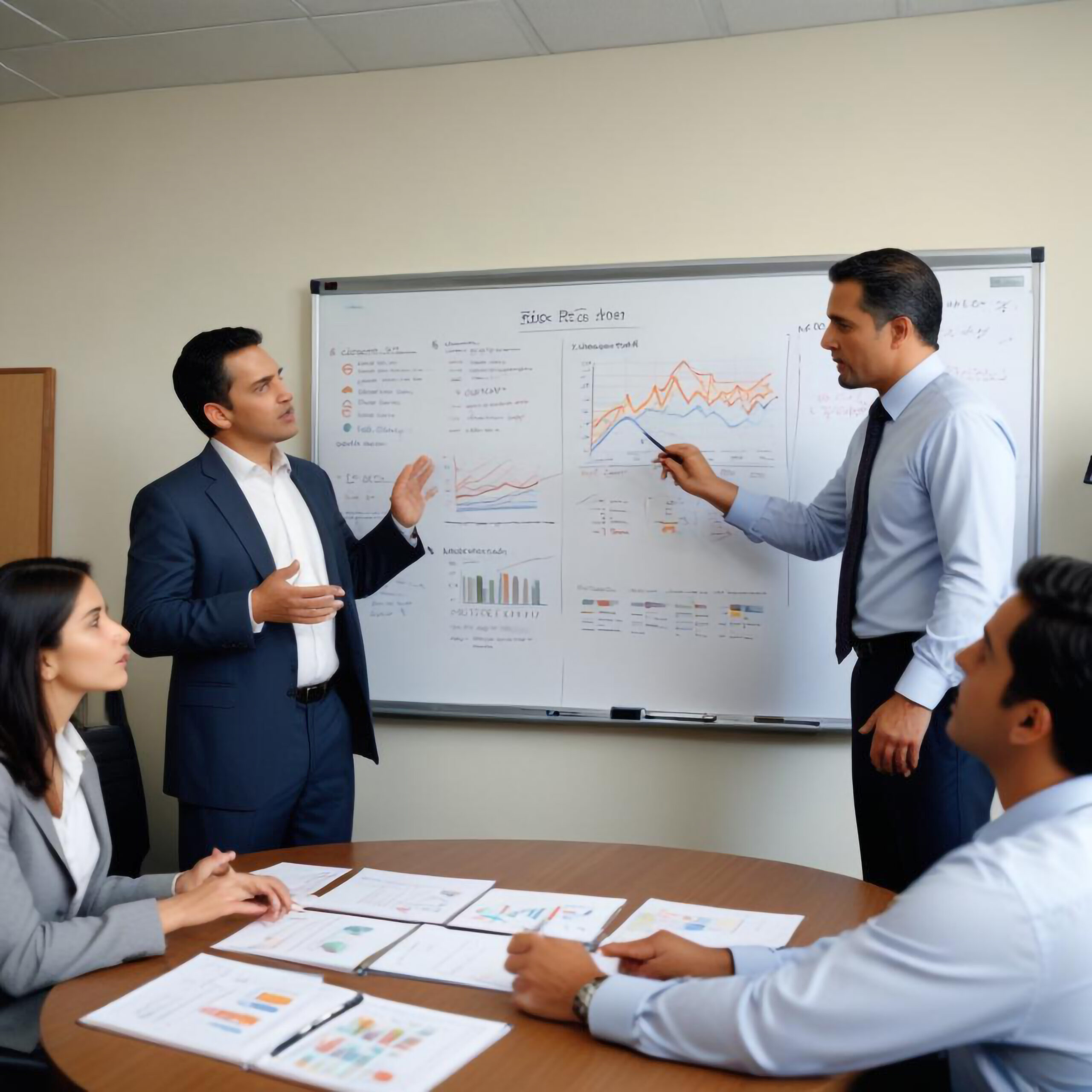 collaborative meeting group discussing around table with charts papers wall scaled - Techkeymonk