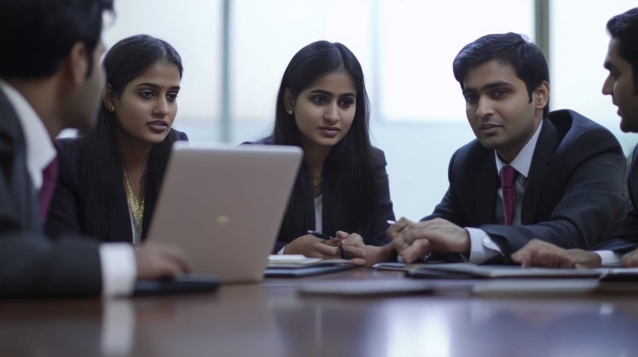 group professionals discusses strategies while focused their laptops notes scaled - Techkeymonk