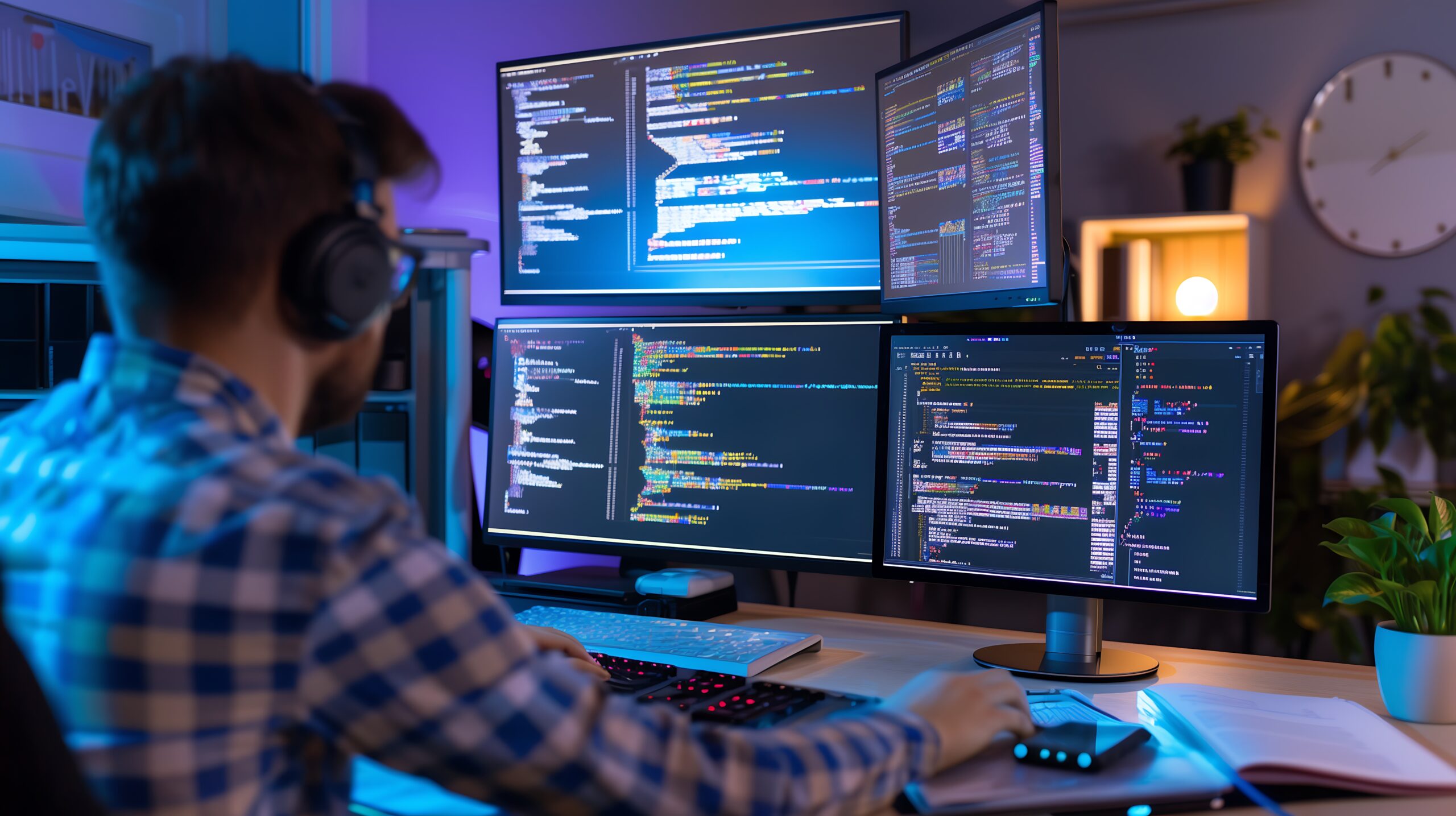 tech enthusiast coding midnight with multiple monitors displaying code remote work concept scaled - Techkeymonk