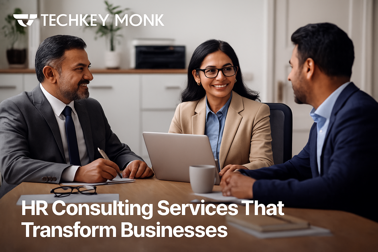 A team of HR professionals discussing workforce strategies in a modern office environment, representing TechKey Monk’s HR consulting services in Coimbatore.