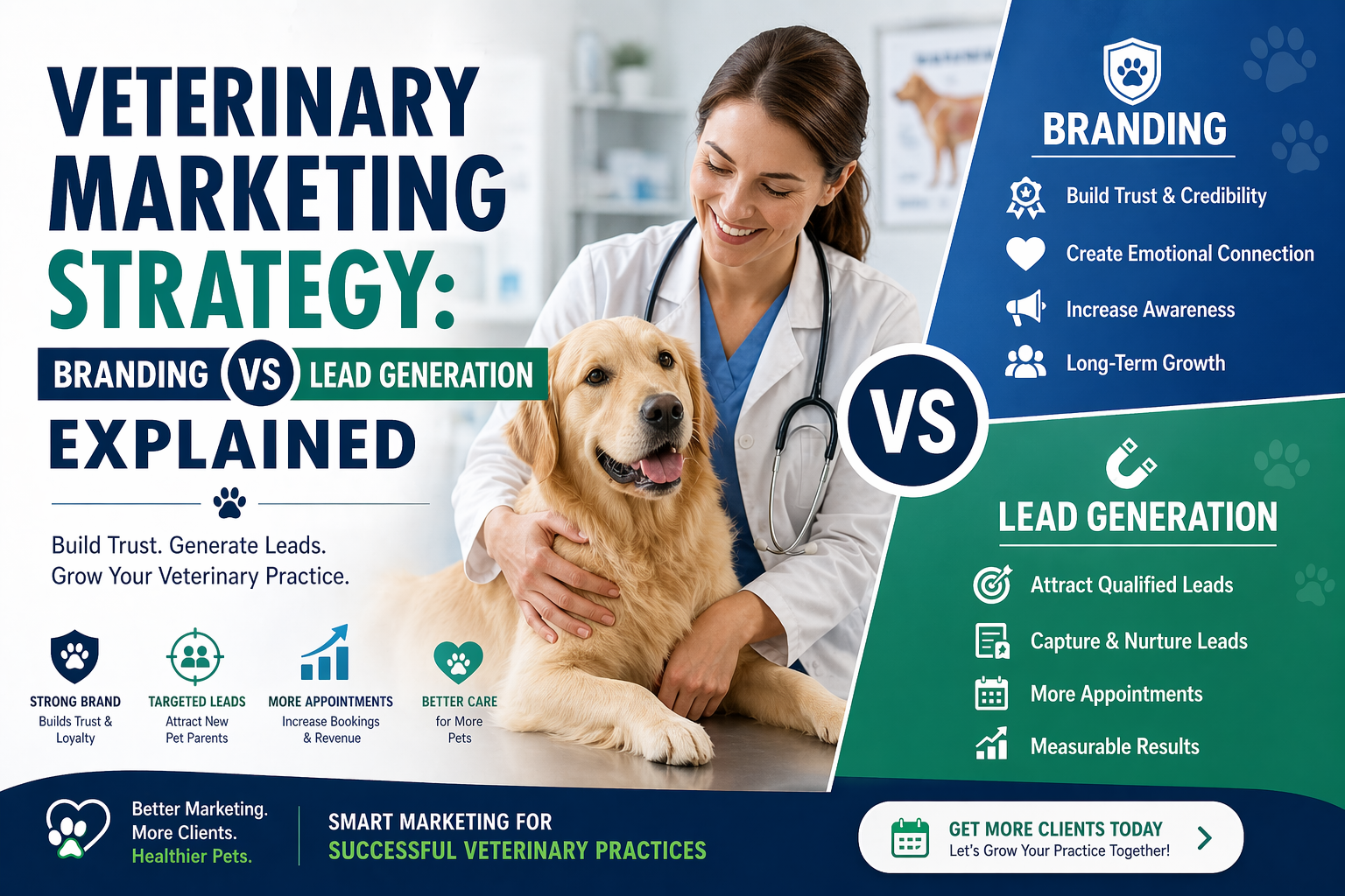 Veterinary marketing strategy showing branding and lead generation comparison